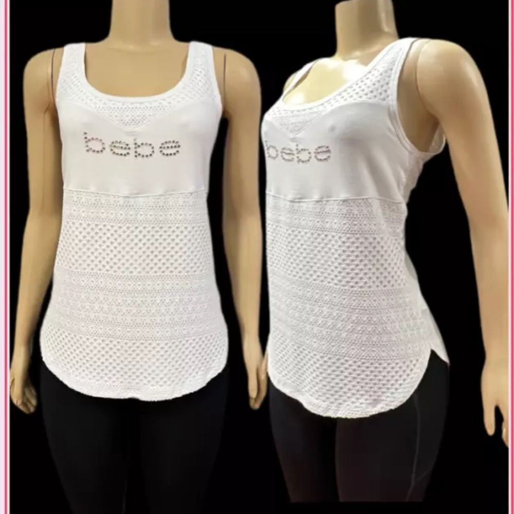 Bebe NWT Rhinestone Embellished bebe logo Sleeveless Mesh Overlay tank White L